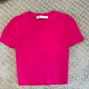Zara cotton hot pink short sleeve knit top